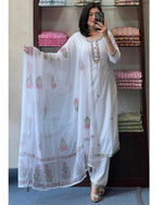 Thumbnail for The52 White Women's Gorgeous Georgette Butti Fabric Embroidered Work Straight Kurta Pant and Dupatta Set - Distacart