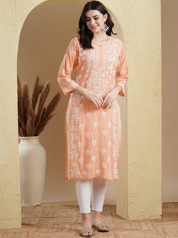 ADA Ethnic Motifs Embroidered Lucknowi Chikankari Detailed Modal Cotton Straight Kurta - Distacart