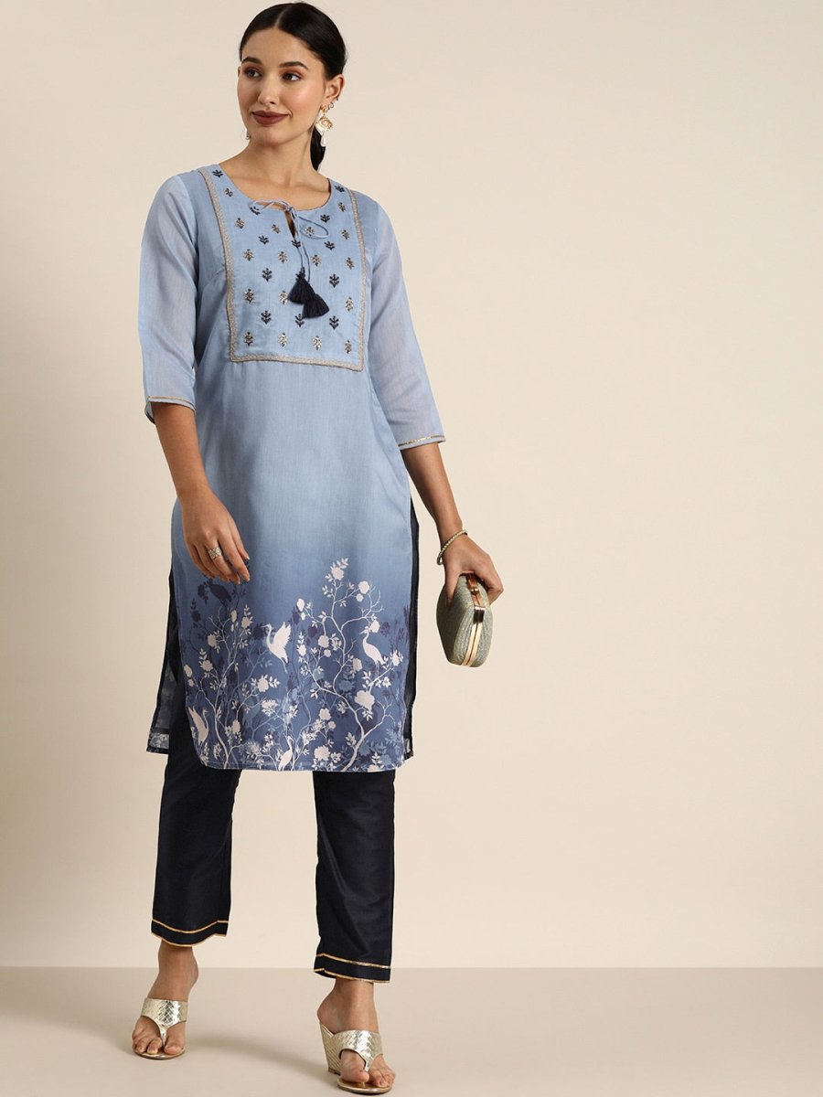 All About You Women Blue Floral Printed Kurta with Trousers - Distacart