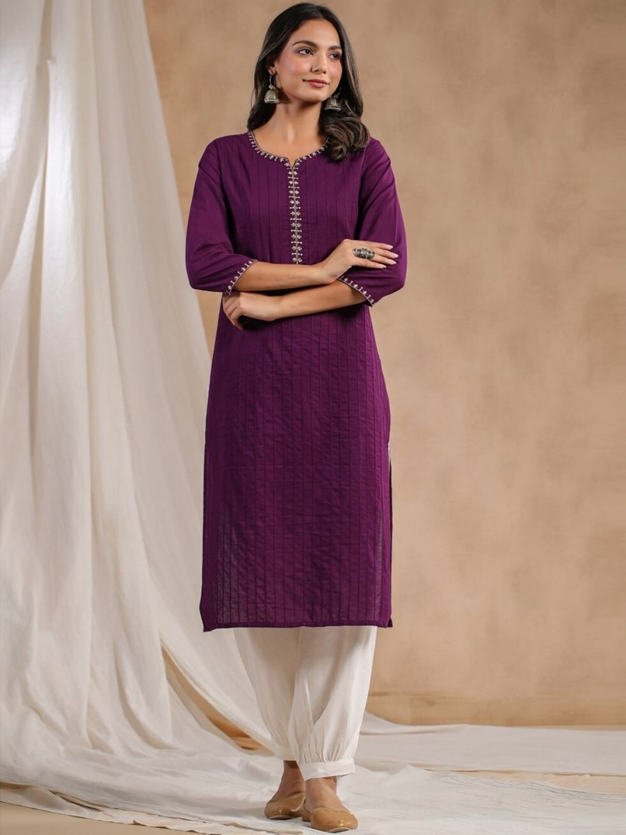 Anubhutee Pleated Thread Work Pure Cotton Straight Kurta - Distacart
