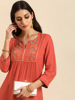 Thumbnail for All About You Women Rust Orange Floral Yoke Design Embroidered Thread Work Straight Kurta - Distacart