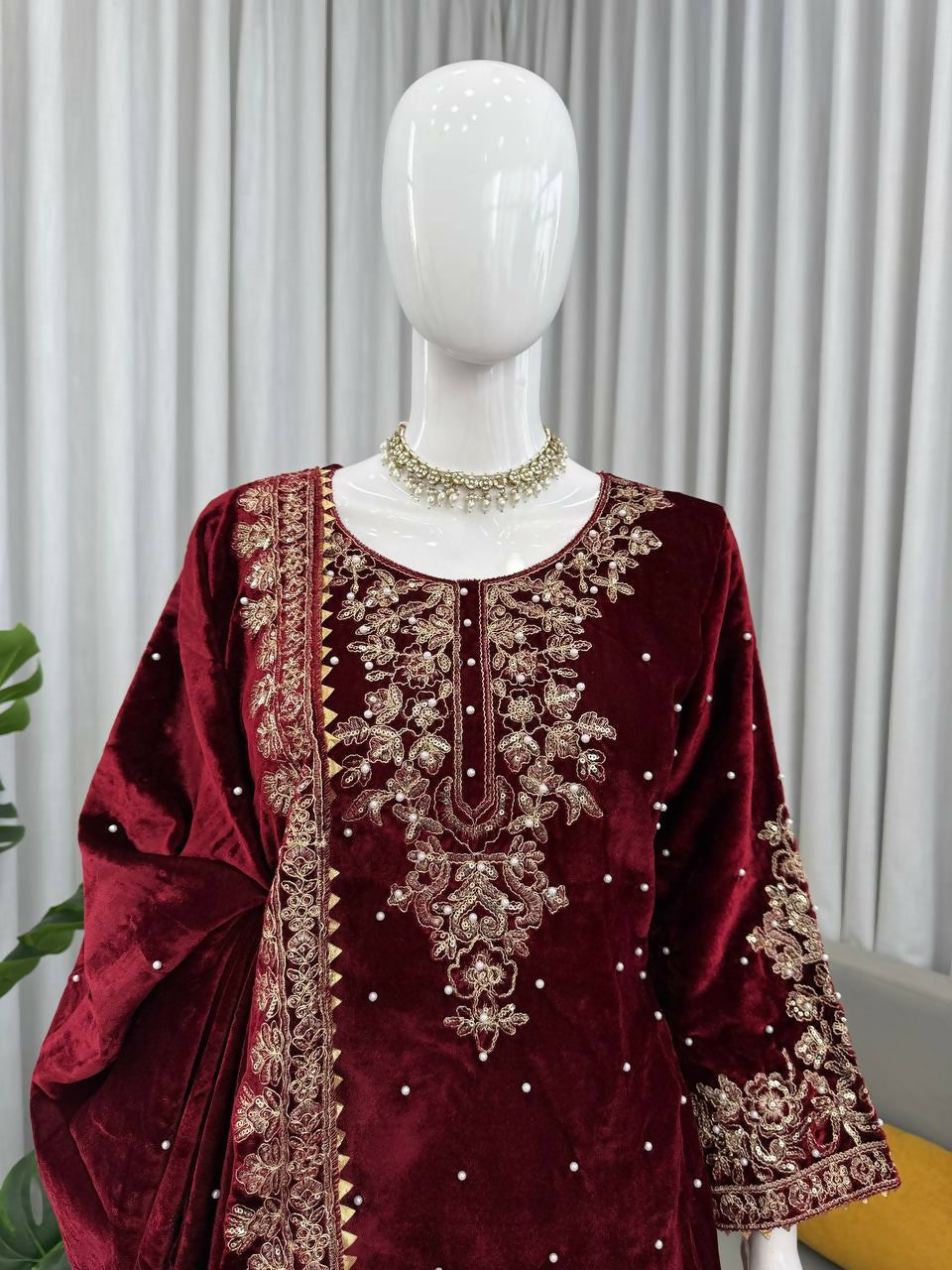 Vastranavya Maroon Viscose Velvet Cording Sequence With Moti Work Top-Bottom With Dupatta