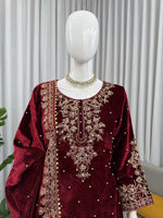 Thumbnail for Vastranavya Maroon Viscose Velvet Cording Sequence With Moti Work Top-Bottom With Dupatta