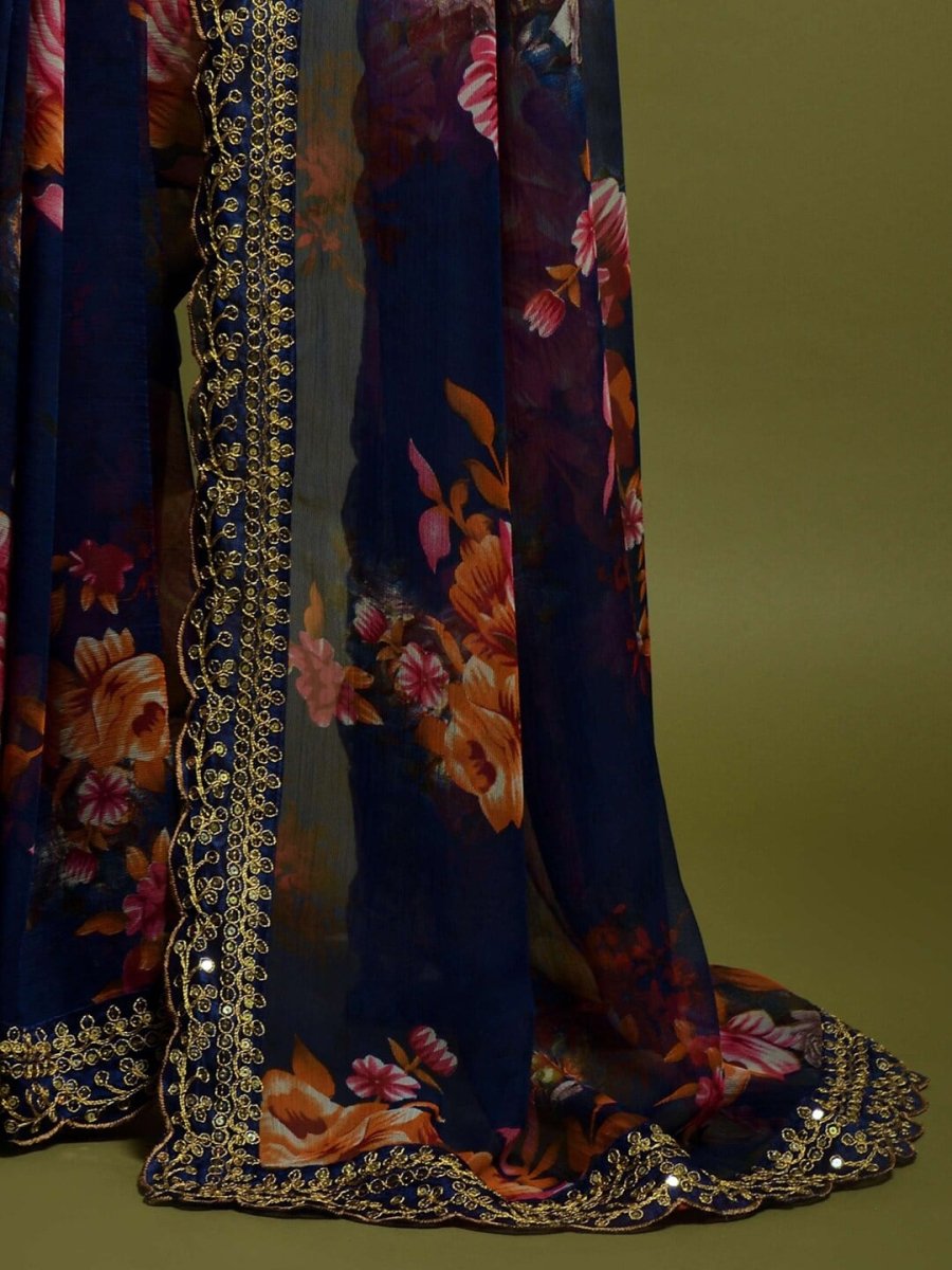 Anouk Navy Blue & Pink Floral Printed Embroidered Saree - Distacart