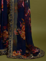 Thumbnail for Anouk Navy Blue & Pink Floral Printed Embroidered Saree - Distacart
