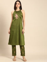 Thumbnail for All About You Women Green Floral Print Embroidered Regular Kurta with Trousers - Distacart