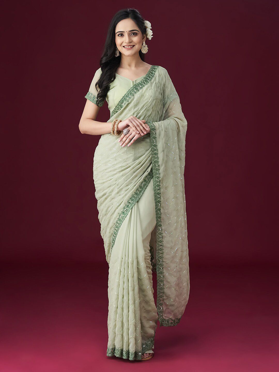 kasee Floral Embroidered Embellished Mirror Work Saree - Distacart