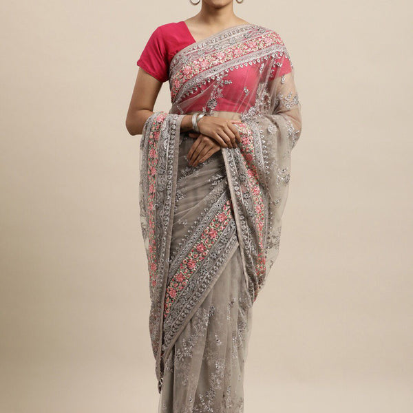 kasee Grey & Fuchsia Floral Embroidered Net Heavy Work Saree - Distacart