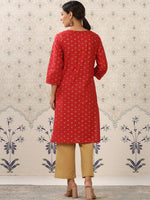 Thumbnail for Ode by House of Pataudi Red & Beige Printed V Neck Pure Cotton Kurta With Palazzos - Distacart