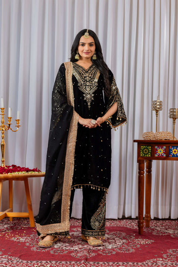 Joban Fashion Black Velvet Embroidery Kurta Set - Distacart