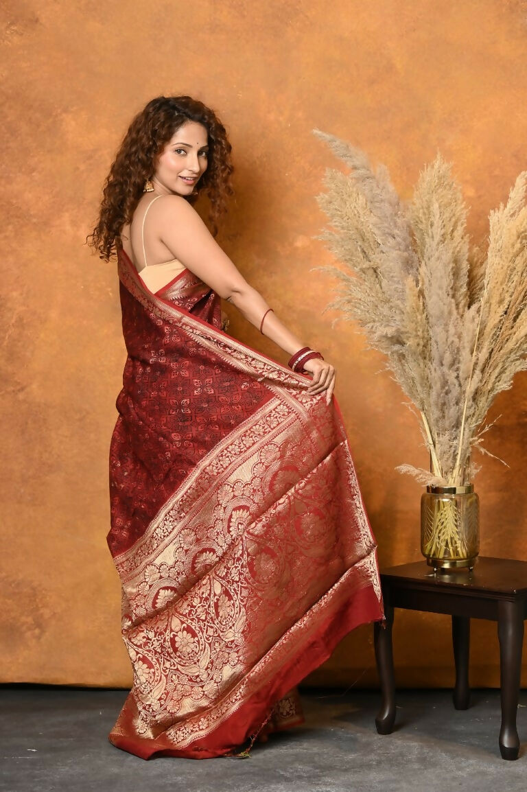 Very Much Indian Modal Silk Ajrakh Handblock Printed Natural Dyes With Designer Border Saree - Red - Distacart