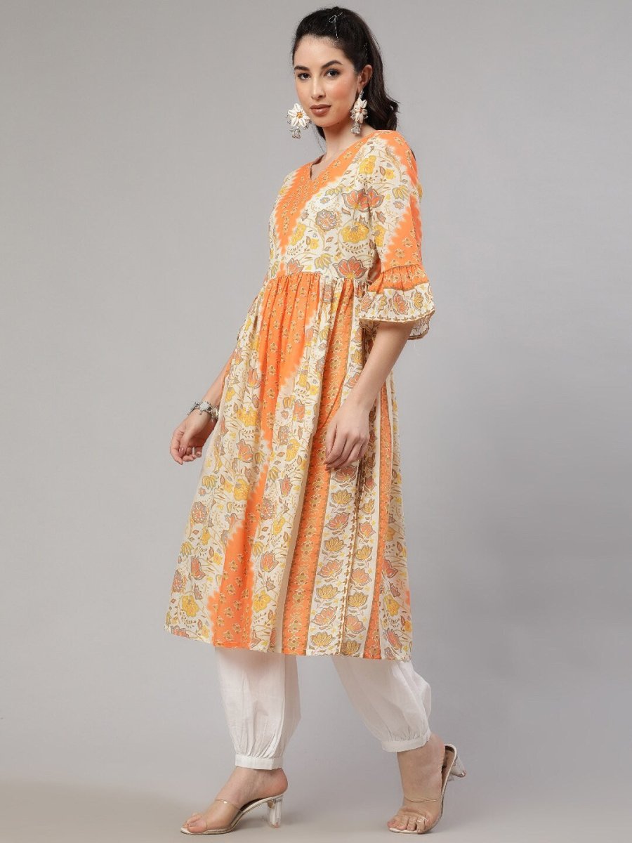 Aks Floral Printed V-Neck Bell Sleeves Pleated Cotton Kurta - Distacart