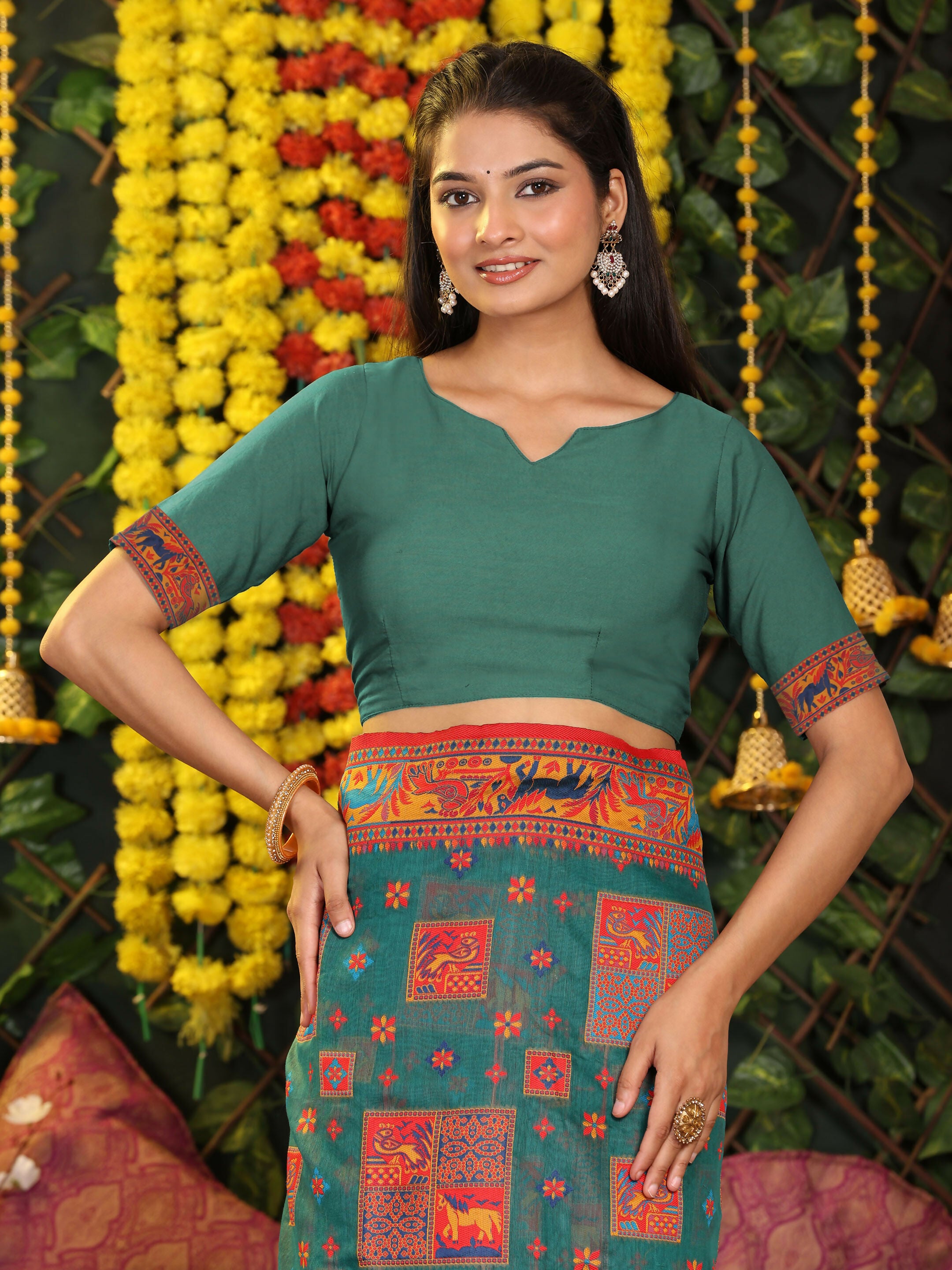 Astita Linen Cotton Rama Green Saree