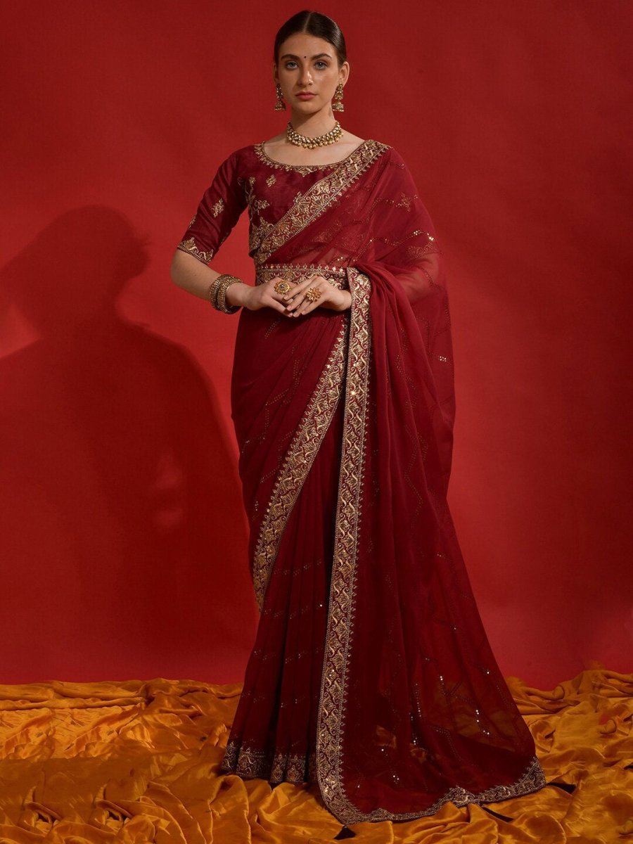 Anouk Maroon & Gold-Toned Embellished Embroidered Pure Georgette Saree - Distacart