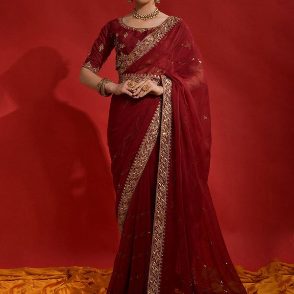 Anouk Maroon & Gold-Toned Embellished Embroidered Pure Georgette Saree - Distacart