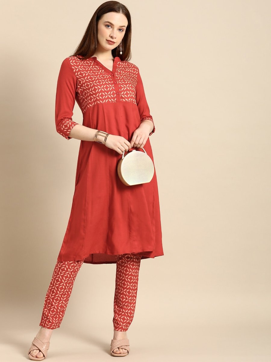 All About You Women Red & Cream Printed Kurta with Trousers - Distacart
