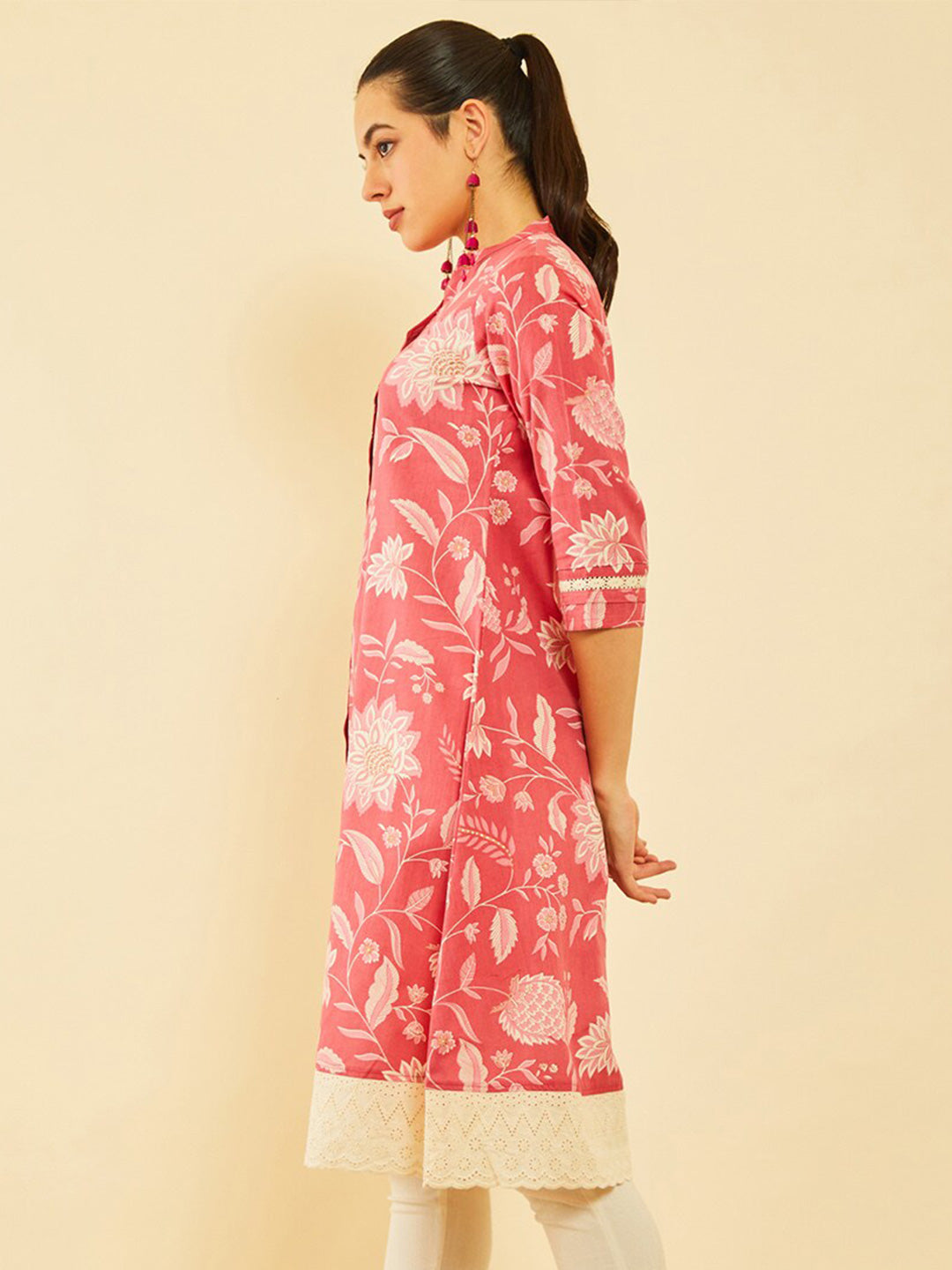 Soch Floral Printed Thread Work Mandarin Collar Cotton Straight Kurta - Distacart