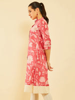 Thumbnail for Soch Floral Printed Thread Work Mandarin Collar Cotton Straight Kurta - Distacart