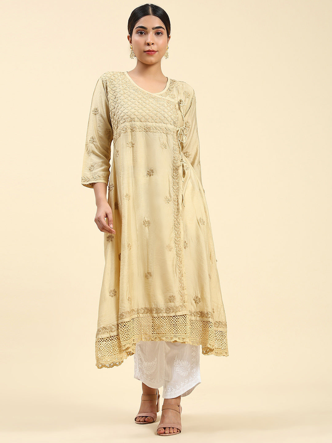 HOUSE OF KARI Embroidered Chikankari Chanderi Silk Anarkali Kurta - Distacart