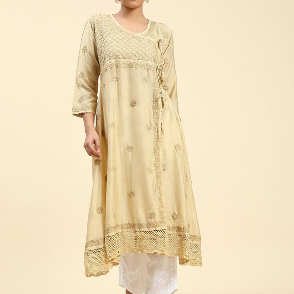 HOUSE OF KARI Embroidered Chikankari Chanderi Silk Anarkali Kurta - Distacart