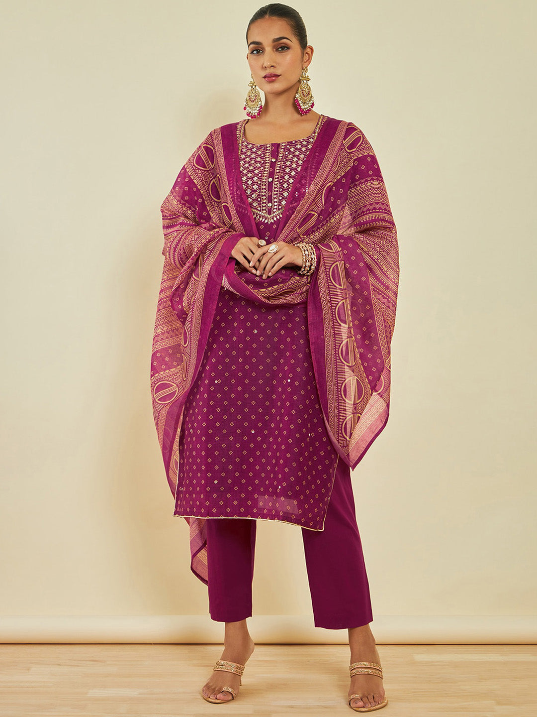 Soch Geometric Printed Thread Work Kurta & Trousers With Dupatta - Distacart