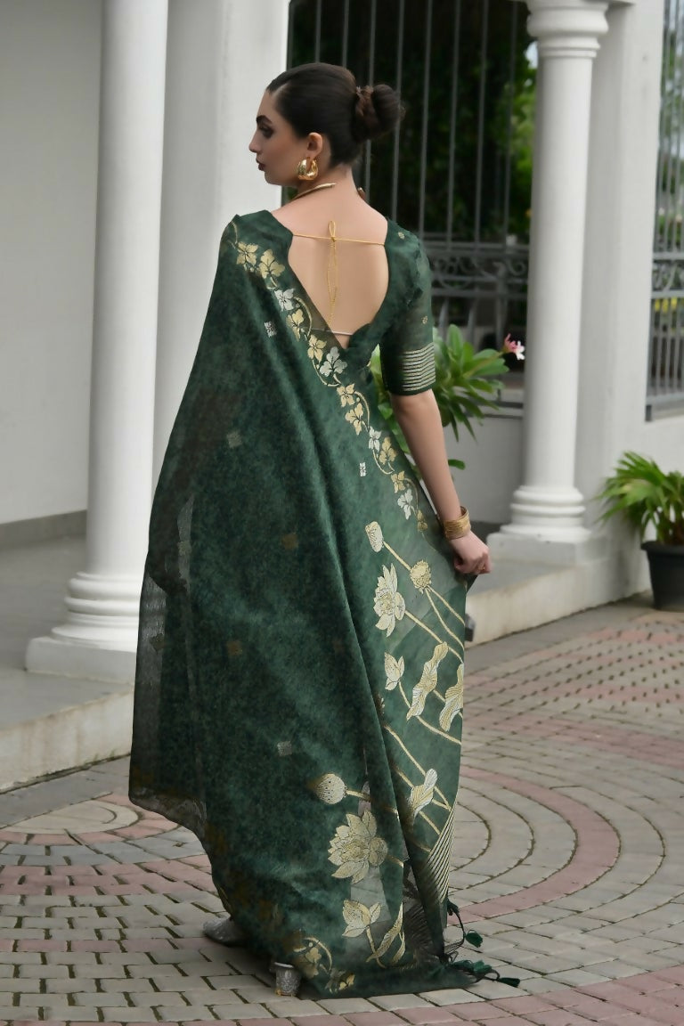 Vishnu Weaves Women's Green Linen Silk Zari Weaving Saree with Blouse