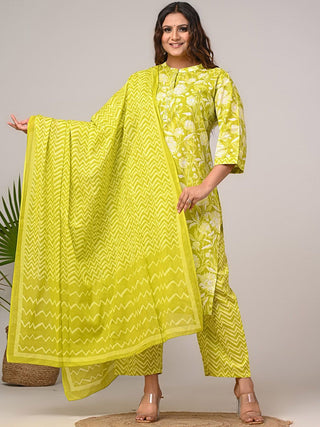Swasti Women Floral Printed Regular Sequinned Pure Cotton Kurta with Trousers & With Dupatta - Distacart