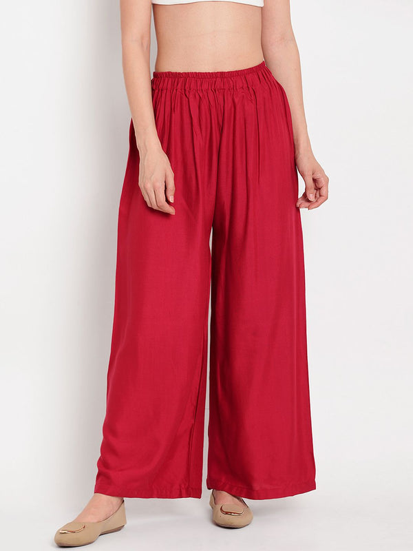 TAG 7 Women Set of 2 White & Red Solid Flared Palazzos