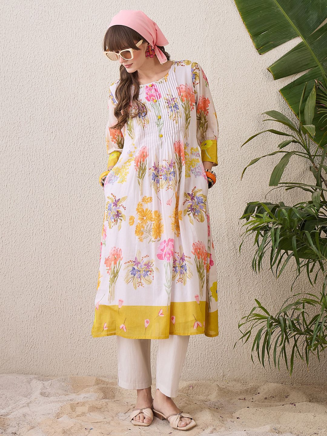 Indo Era Floral Printed Round Neck Pure Cotton Straight Kurta With Trouser
