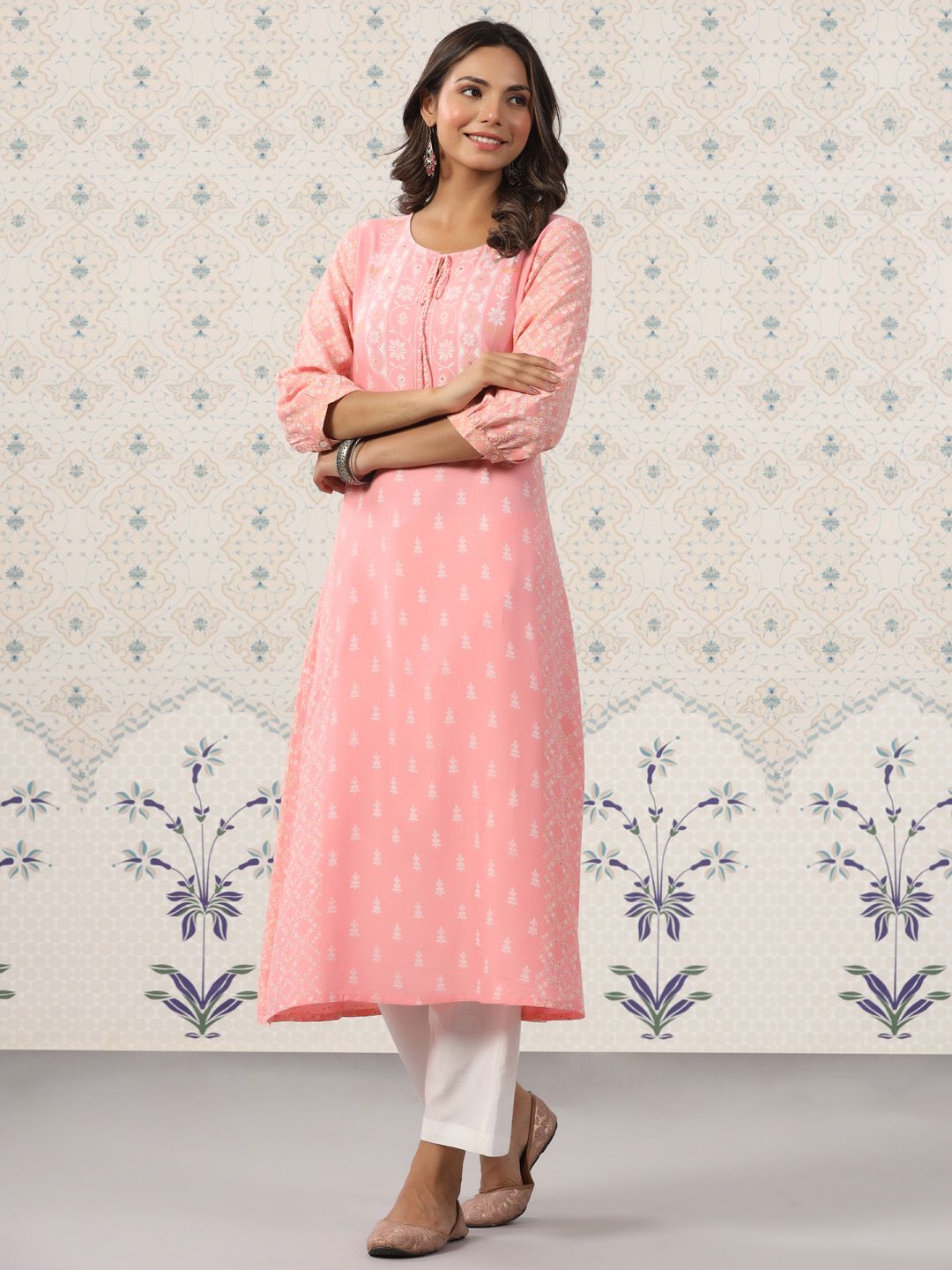 Ode by House of Pataudi Ethnic Motif Printed Tie Up Neck A-Line Kurta With Trousers - Distacart