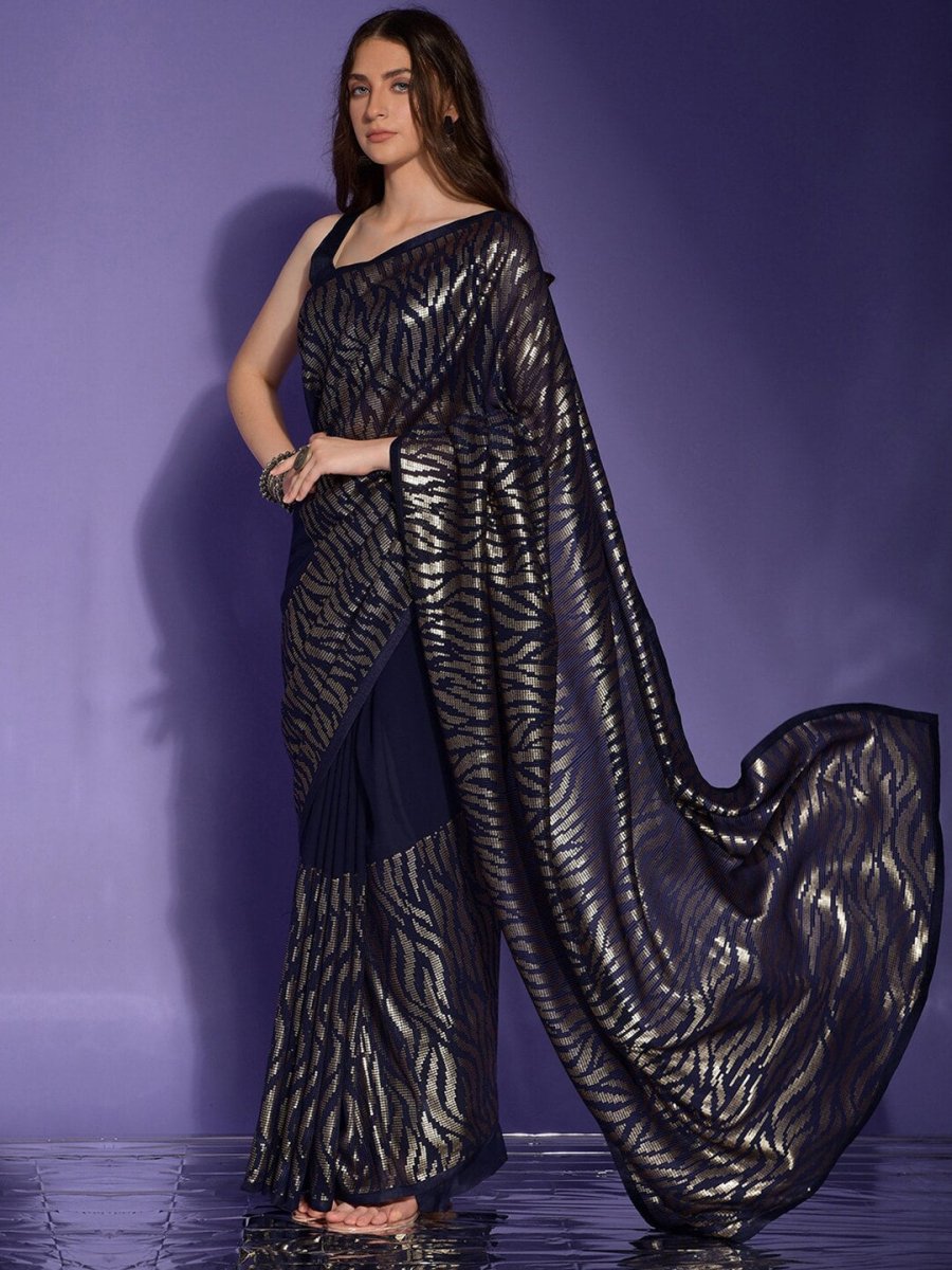 Anouk Navy Blue & Silver-Toned Embellished Sequinned Pure Georgette Saree - Distacart