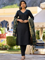 Thumbnail for Vishudh Green & Gold Toned Embellished V Neck Straight Kurta & Palazzos With Dupatta