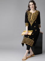 Thumbnail for ADA Women Black & Mustard Yellow Pure Cotton Chikankari Embroidered Handloom Kurta with Trousers - Distacart