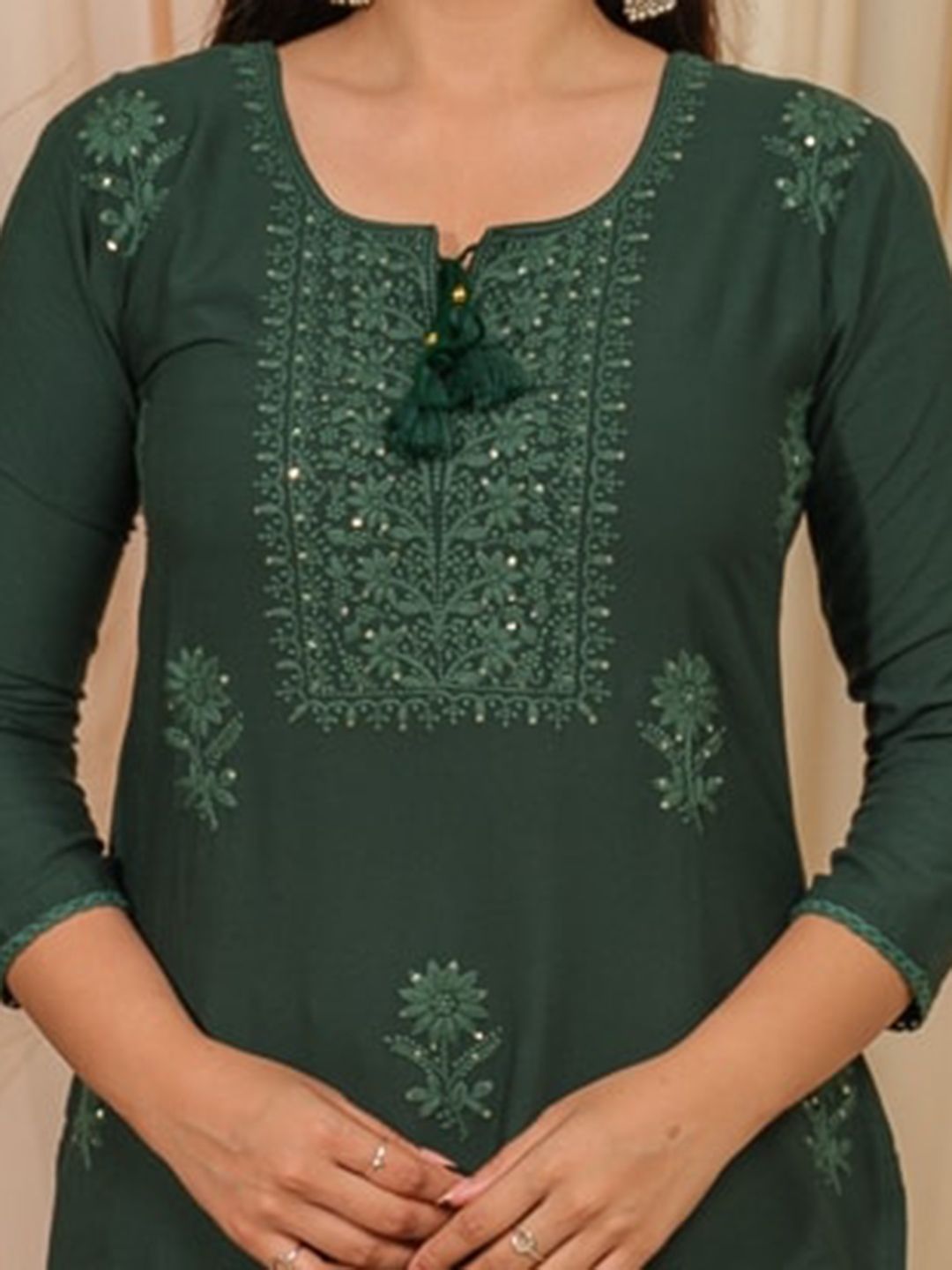 Ode by House of Pataudi Floral Embroidered Tie-Up Neck Straight Kurta - Distacart