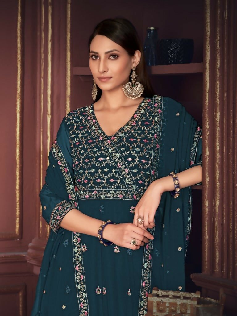 Jyoti Fashion Women's Rama Georgette Embroidered Anarkali Kurta Pant Set With Dupatta - Distacart