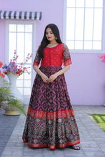 Thumbnail for Jyoti Fashion Women's Wine Patola with Foil Print Dola Silk Anarkali Dress - Distacart