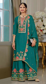 Thumbnail for Anaita Teal Blue Chinon Stitched Suit with Embroidery Sequence Work - Distacart