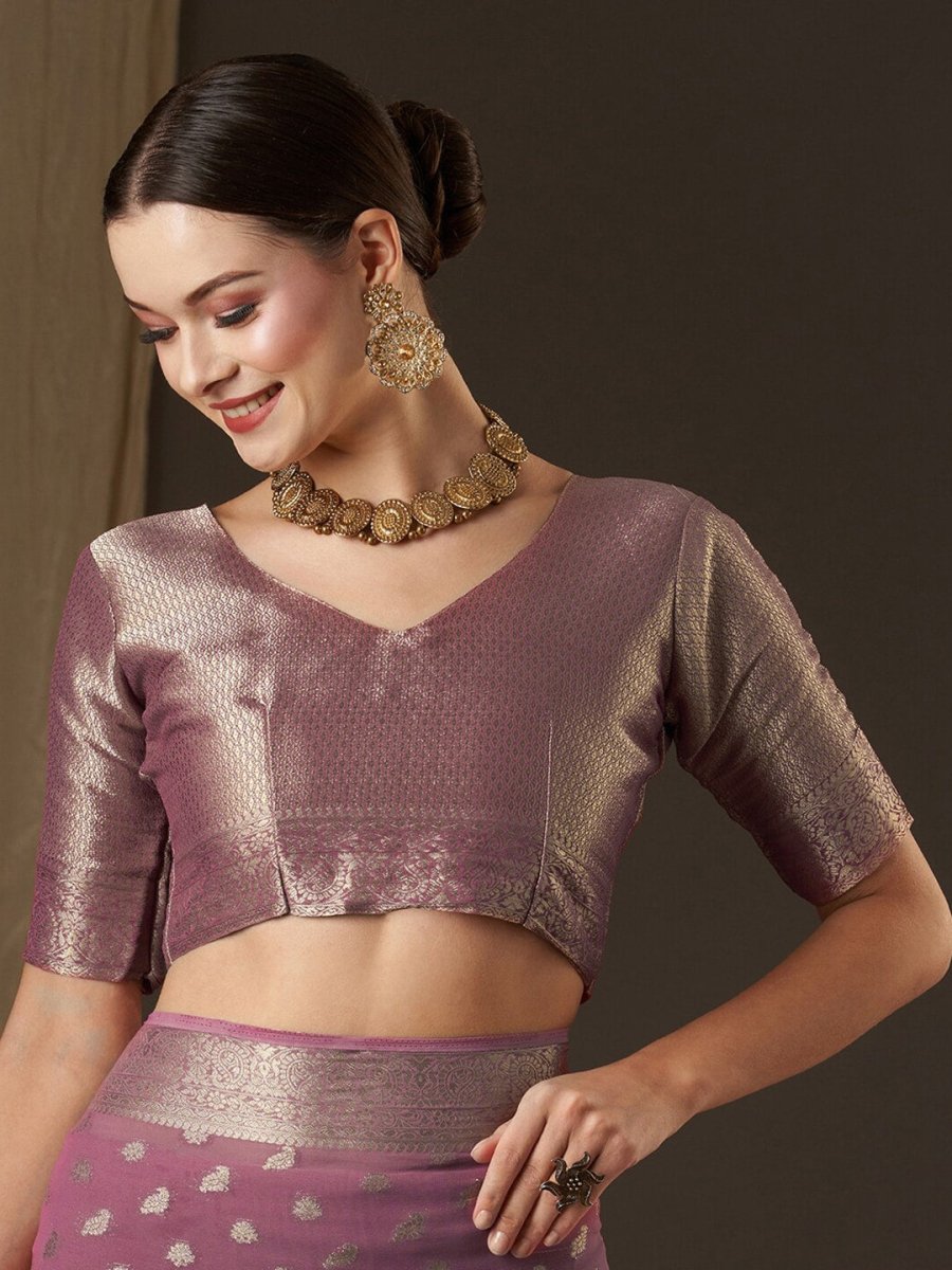 Anouk Mauve & Gold-Toned Woven Design Zari Pure Georgette Kanjeevaram Saree - Distacart