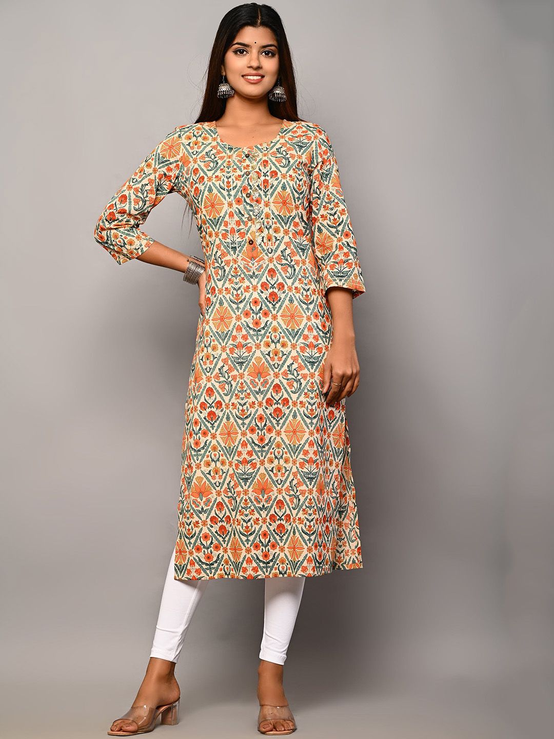 Swasti Women Beige Geometric Printed Floral Kurta - Distacart