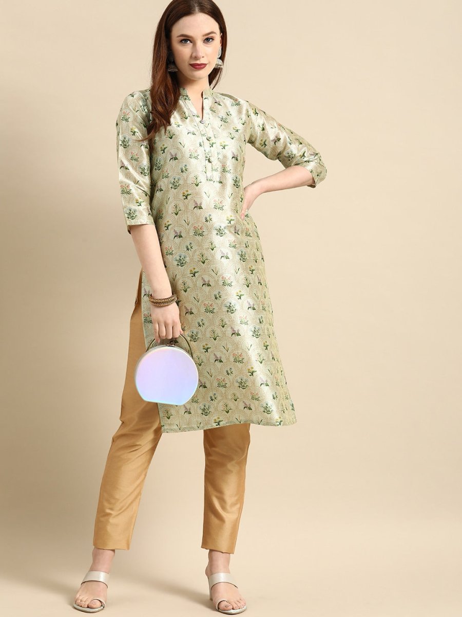 All About You Women Sea Green Floral Block Print Mandarin Collar Chanderi Silk Blend Kurta - Distacart