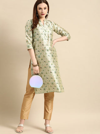 All About You Women Sea Green Floral Block Print Mandarin Collar Chanderi Silk Blend Kurta - Distacart