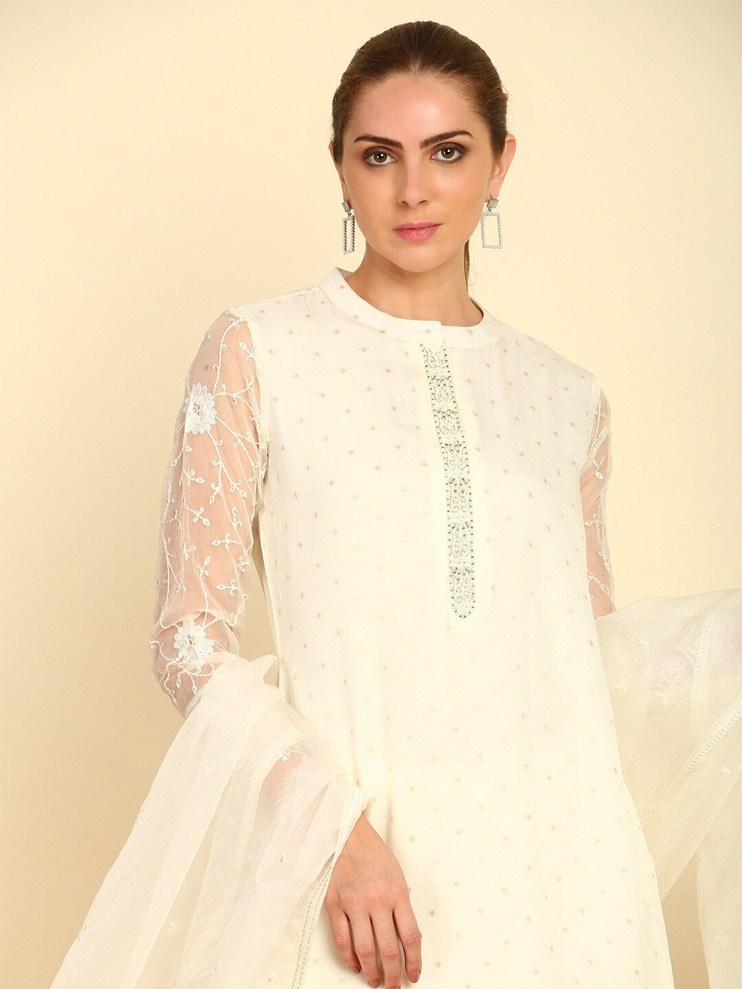 Soch Floral Embroidered Sequinned Mandarin Collar Straight Kurta With Trousers & Dupatta - Distacart