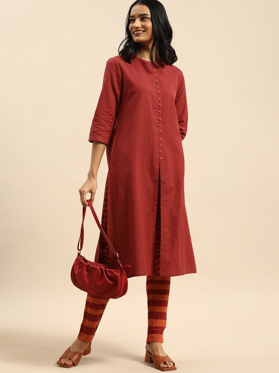 All About You Women Red & Orange Pure Cotton Kurta with Trousers - Distacart