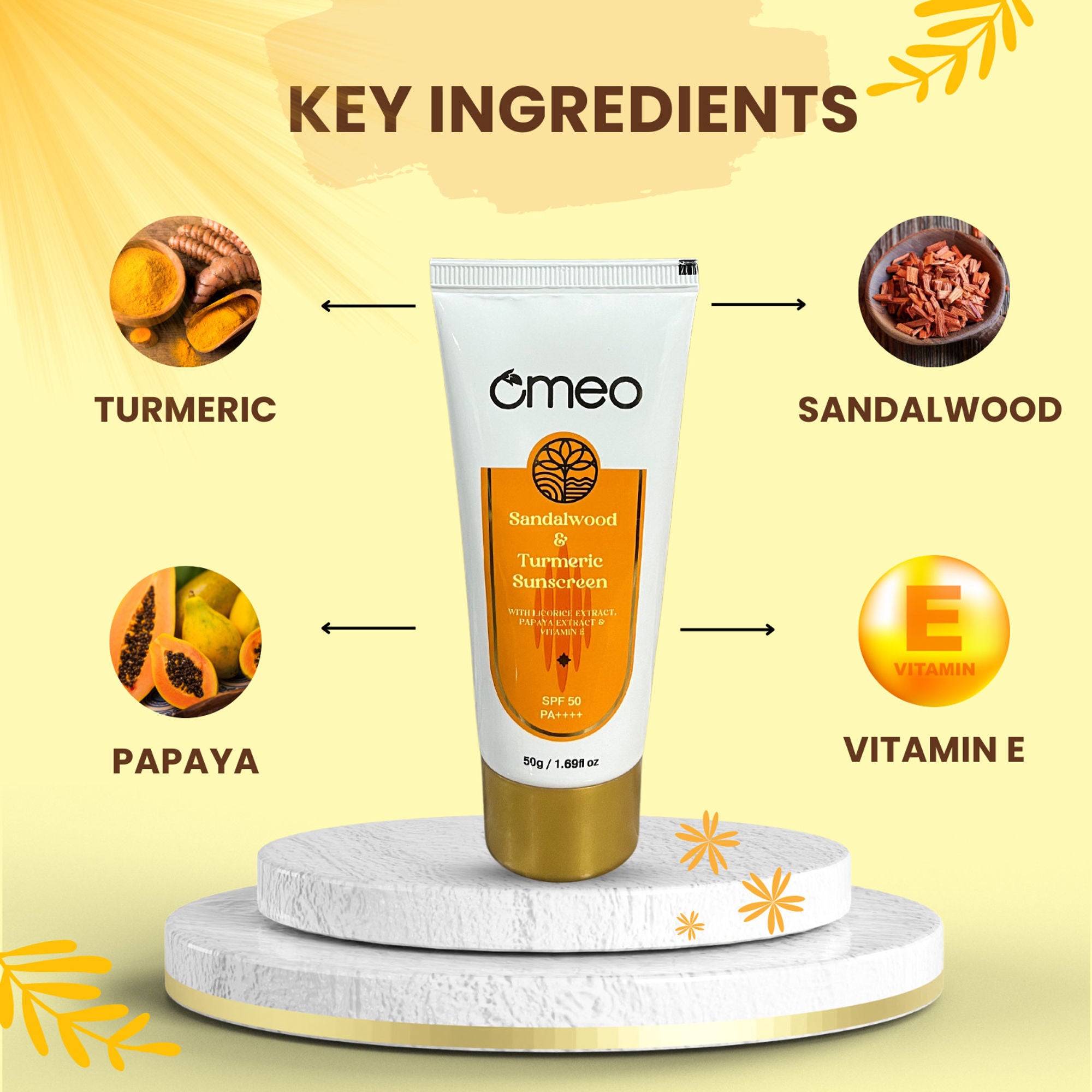 Omeo Sunscreen With Sandalwood, Turmeric, Papaya & Licorice Extract - Dista