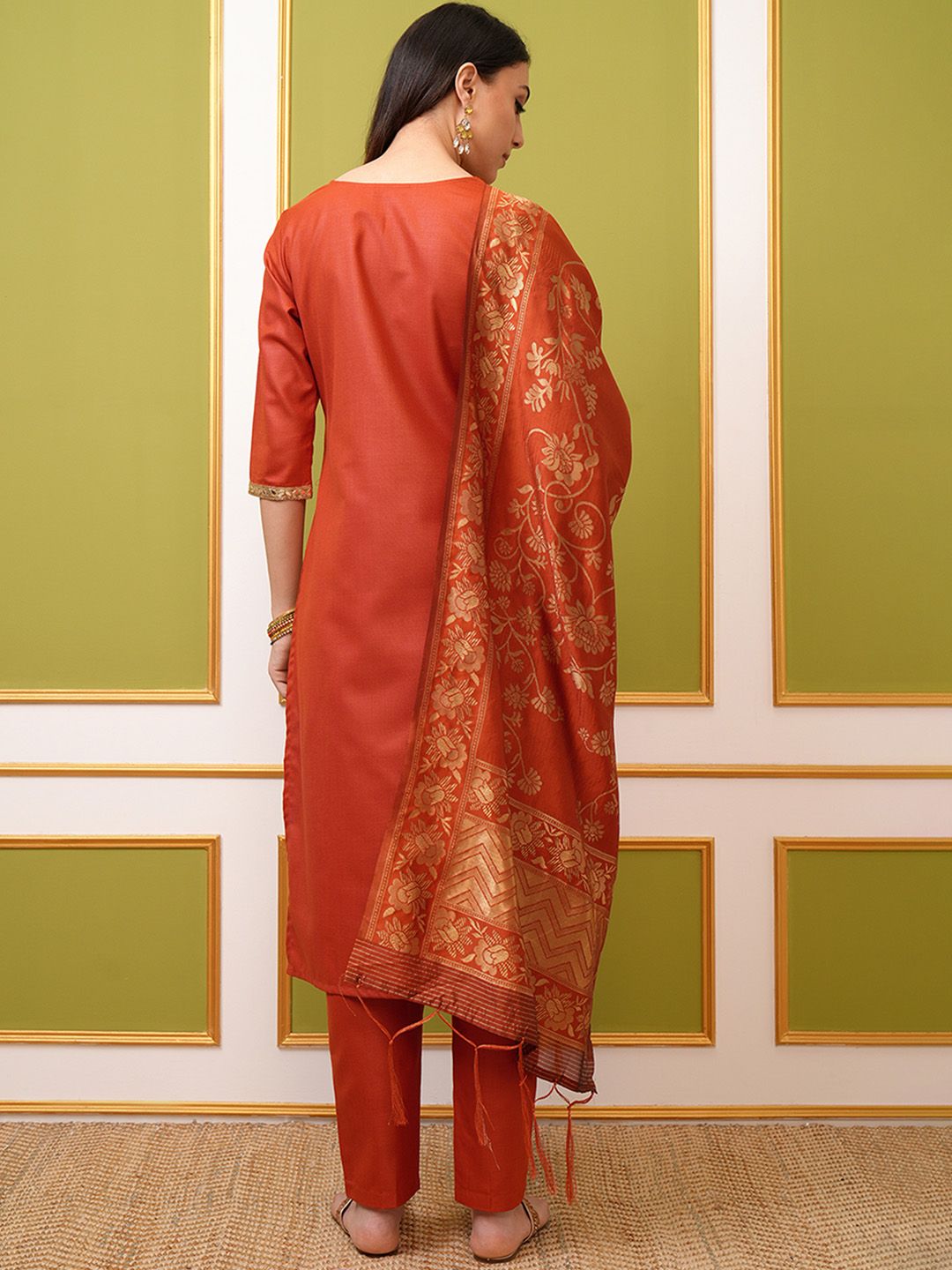 Vishudh Rust Orange Round Neck Embellished Straight Kurta & Trouser With Dupatta
