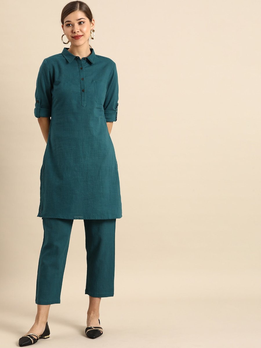 Anouk Women Teal Blue Pure Cotton Kurta with Trousers - Distacart