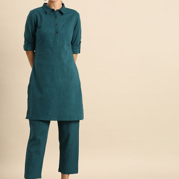 Anouk Women Teal Blue Pure Cotton Kurta with Trousers - Distacart