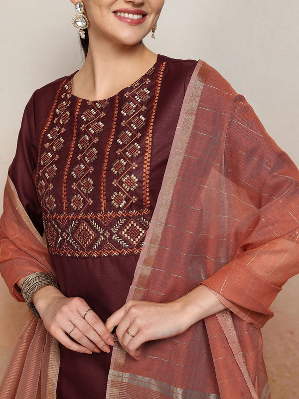 Vishudh Embroidered Rund Neck Straight Kurta & Palazzos With Dupatta