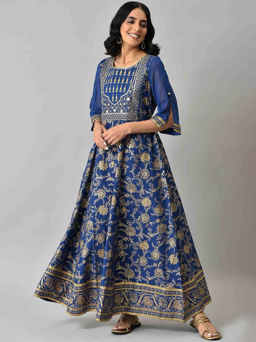 AURELIA Women Blue Floral Printed Ethnic Maxi Dress - Distacart