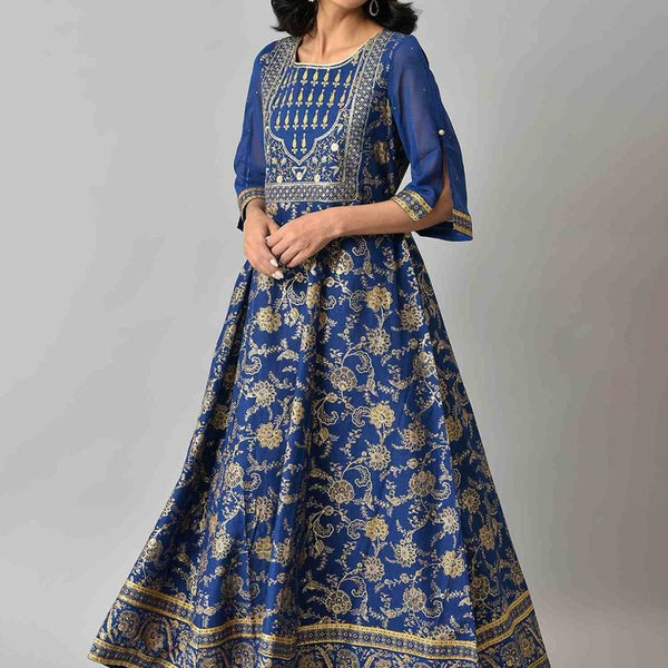 AURELIA Women Blue Floral Printed Ethnic Maxi Dress - Distacart